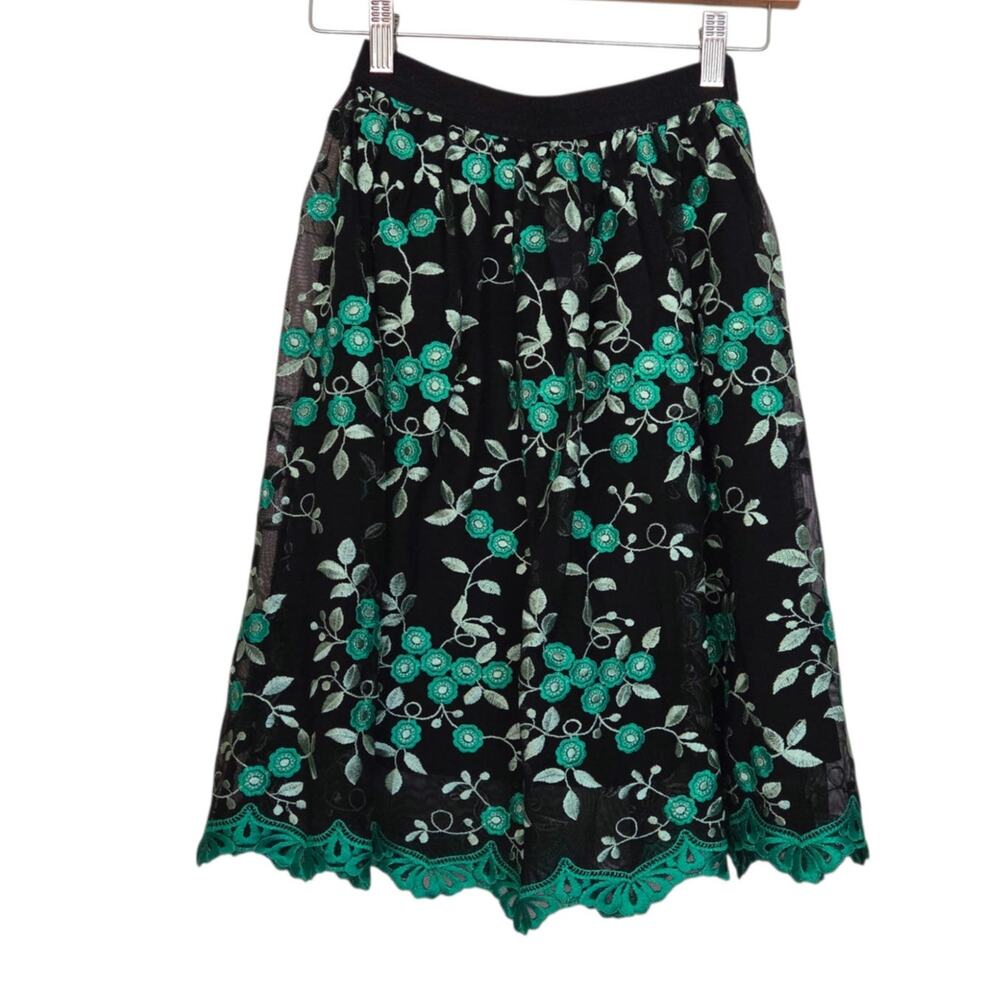ERIN Erin Fetherston | Embroidered Sheer Scallop Lace Hem Lined Skirt Fairy Goth